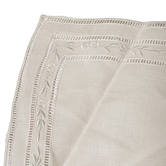 Vintage Embroidered Handkerchief Beige Floral Linen Small Bridal Pocket Scarf - Picture 5 of 8